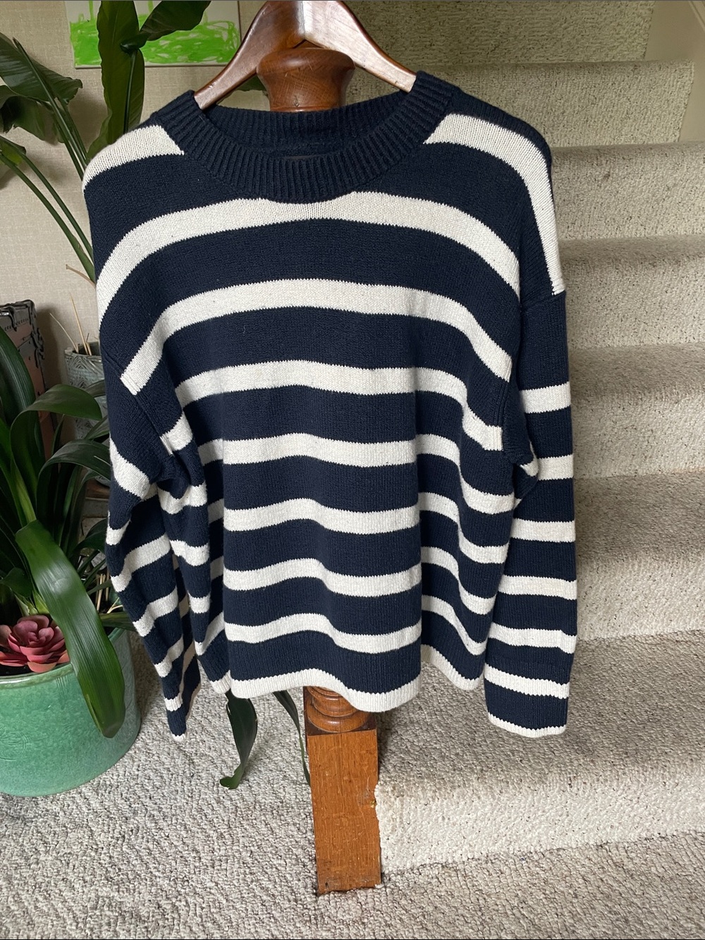 Banana Republic Coastal Navy and White Striped Crewneck Sweater